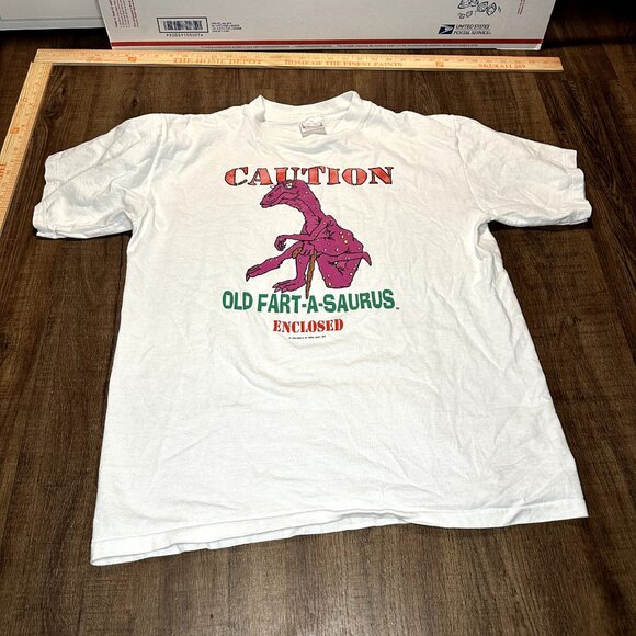 Dinosaur OLD FART A SAURUS Jr Rare Vintage White T Shirt 1993 Butthead Large - Picture 2 of 7